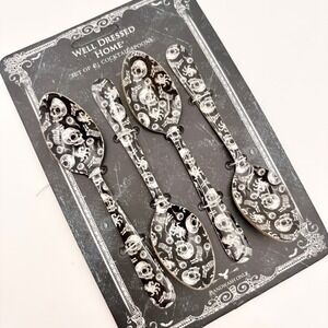 Well Dressed Home Set of 4 Skull Cocktail Spoons Black White Gold Gothic Goth